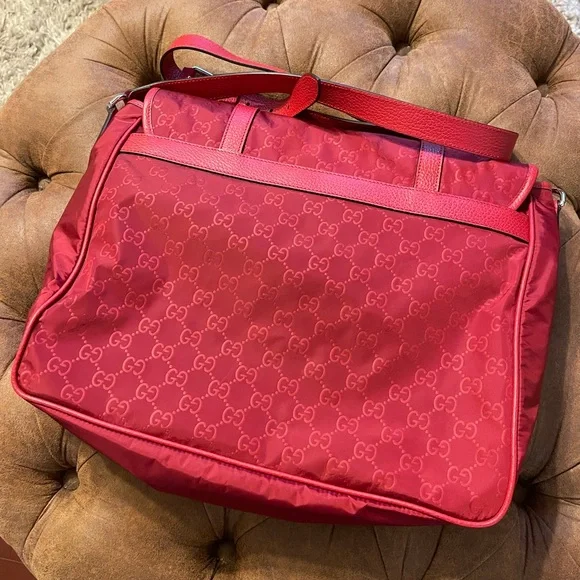 GUCCI Nylon Monogram Double Buckle Flap Messenger Bag Vibrant Red - Picture 13 of 16